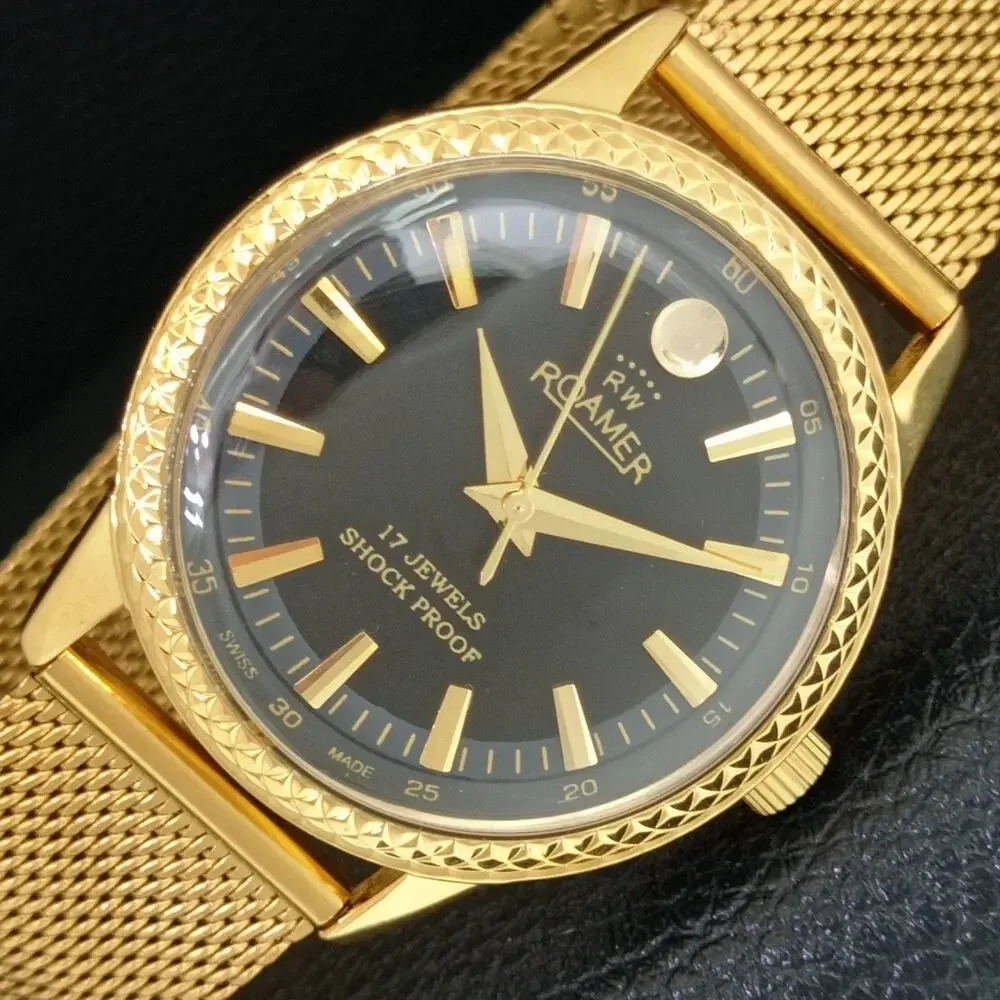 Vintage 1975 Roamer Manual Mens Gold Watch W/Metal Strap & Black accents